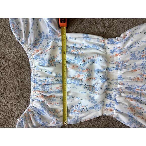 Floral‎ Off Shoulder Romper Women’s Med Blue Summer Short Sleeve Casual Cute - Picture 3 of 9